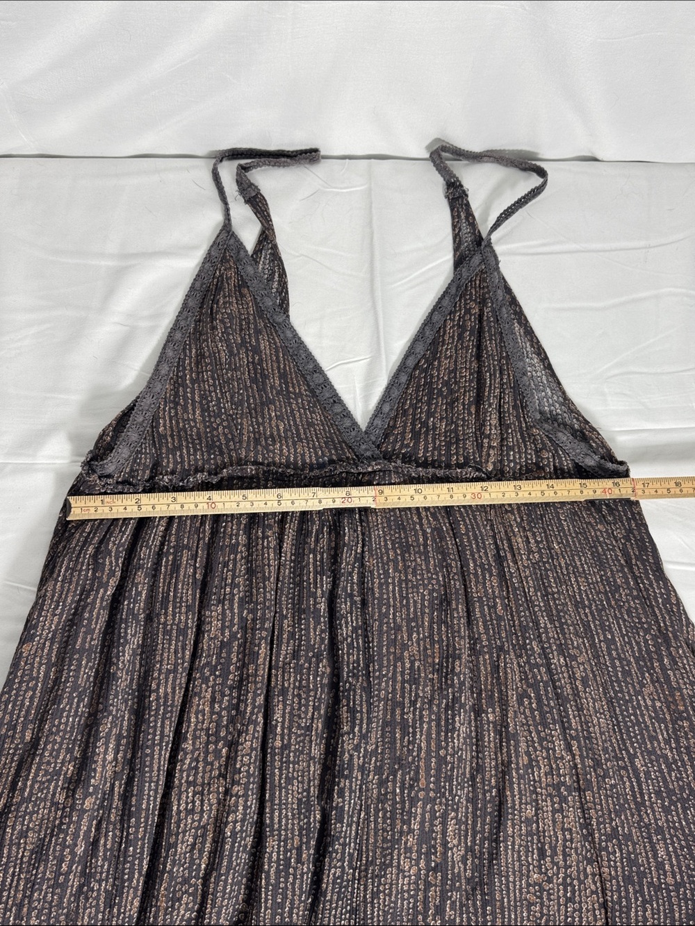 By Together Brown Shimmer Metallic Plissé Mini Babydoll Dress - Size L - Picture 8 of 9